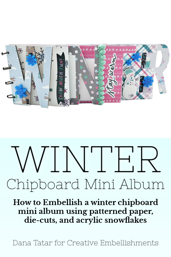 Chipboard Winter Word Mini Album Embellished with the Simple Stories Fellin' Frosty Paper Collection and Blue Acrylic Snowflakes from Creative Embellishments