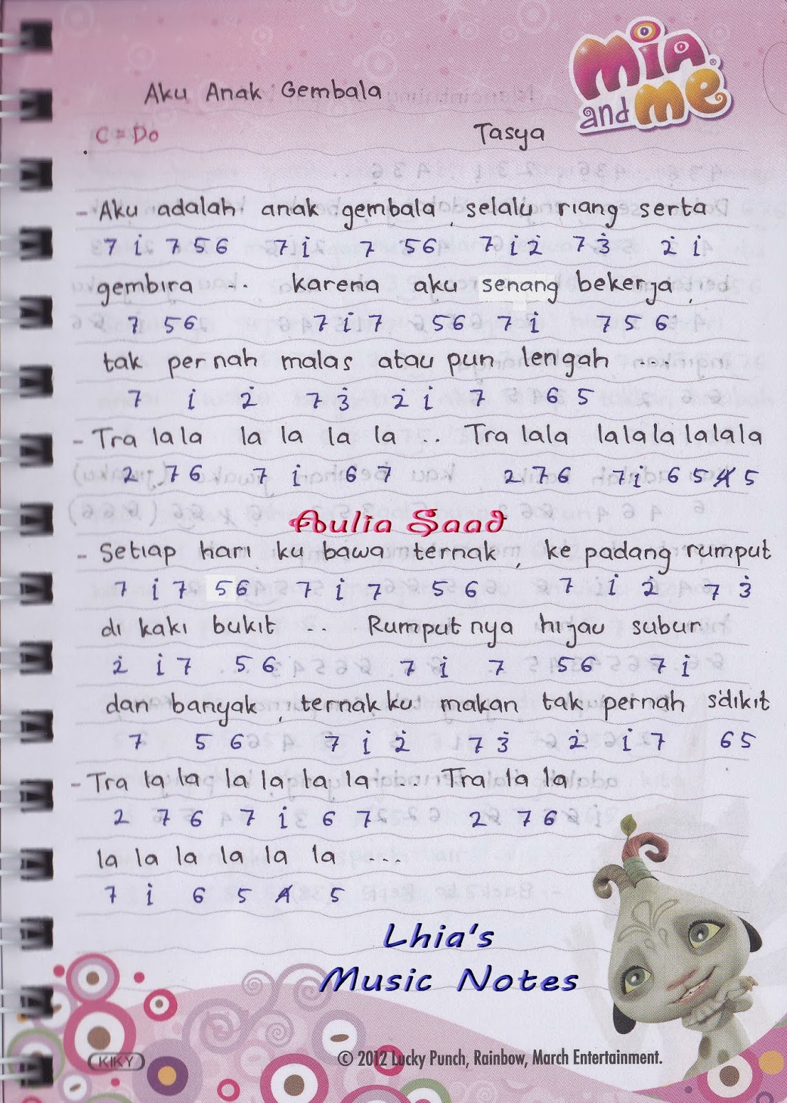 Not Angka Tasya Aku Anak Gembala Lhias Music Notes