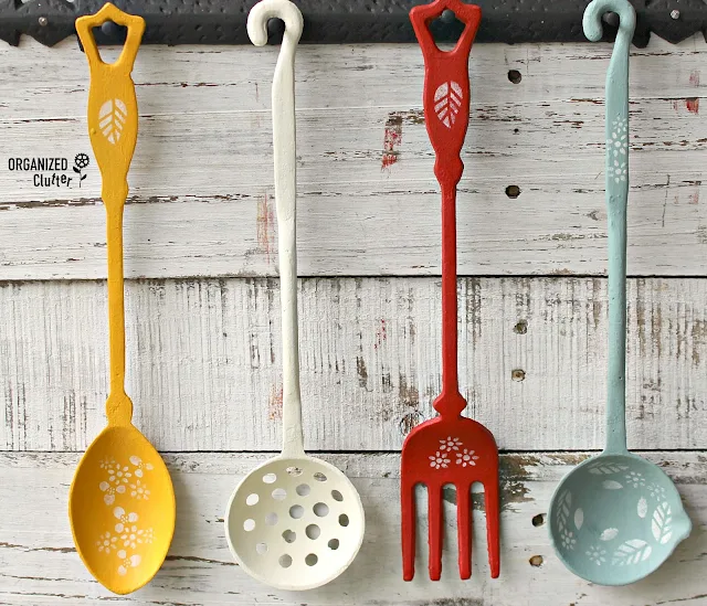 Garage Sale Vintage Iron Utensil Wall Decor Set Upcycle #upcycle #garagesalefinds #dixiebellepaint #stencil #utensil #kitchendecor