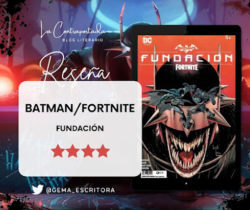 Batman/Fortnite: Fundación con un fondo en el que aparece el Batman que ríe y 4 estrellas