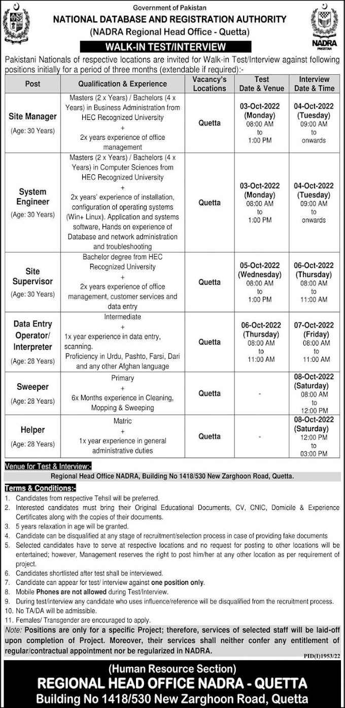 Latest Jobs At Nadra Management 2022