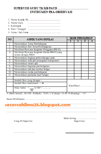 Contoh Format Supervisi Kepala Sekolah kepada Guru PAUD 