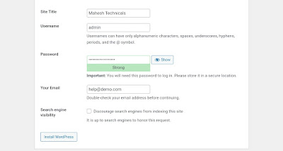 setup WordPress Dashboard Log in details