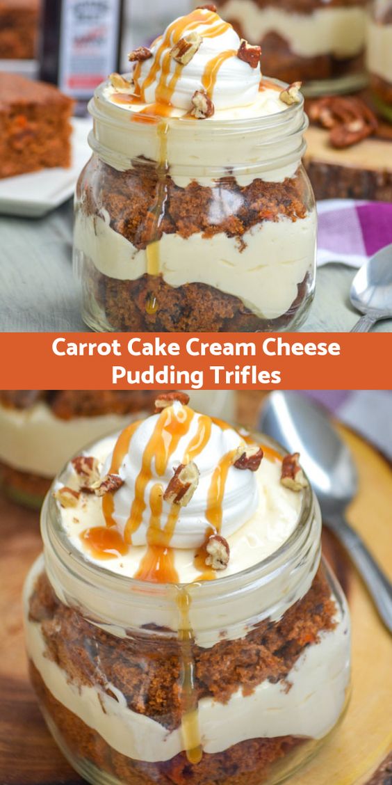 A decadent trifle, this version is perfect for Easter featuring alternating layers of crumbled carrot cake and a lucious cream cheese cheesecake pudding, and whipped topping and a garnish of thick caramel syrup and chopped nuts. A decadent trifle, this version is perfect for Easter featuring alternating layers of crumbled carrot cake and a lucious cream cheese cheesecake pudding, and whipped topping and a garnish of thick caramel syrup and chopped nuts.