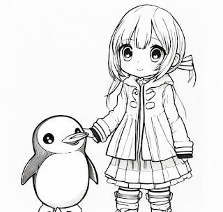 cute girl and penguin coloring book