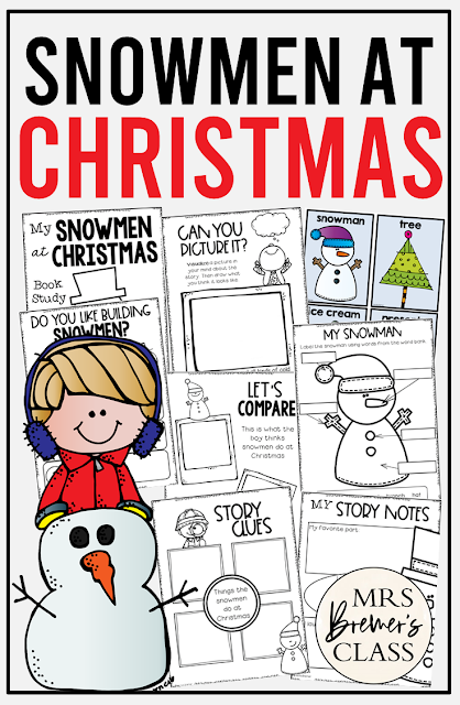 Snowmen at Christmas book activities unit with printables, reading companion activities, lesson ideas, and a craft for Kindergarten and First Grade