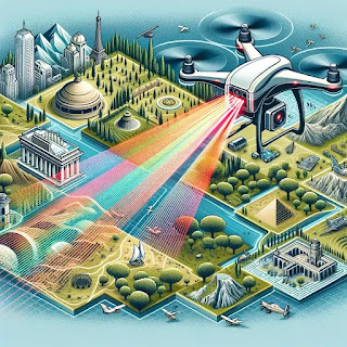 A vibrant illustration showing a drone in flight, utilizing aerial LiDAR technology over varied landscapes. Multicolored laser beams extend from the drone, striking different surfaces below—trees, buildings, and an ancient archaeological site—before reflecting back to the sensor. This visual captures the essence of LiDAR mapping, where the return time of these beams is used to calculate distances and generate a detailed point cloud, representing millions of data points for accurate 3D modeling.