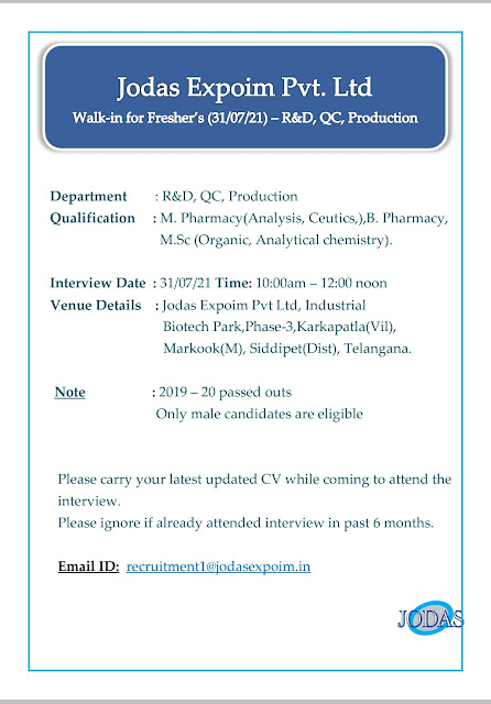 Job Availables, Jodas Expoim Pvt Ltd Job Vacancy For Freshers M.Pharm/ B.Pharm/ Msc( Organic/ Analytical)