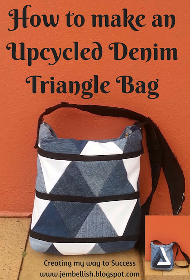 Repurpose pre-loved denim jeans and make an eye catching triangle bag. Tutorial by Creating My Way to Success.