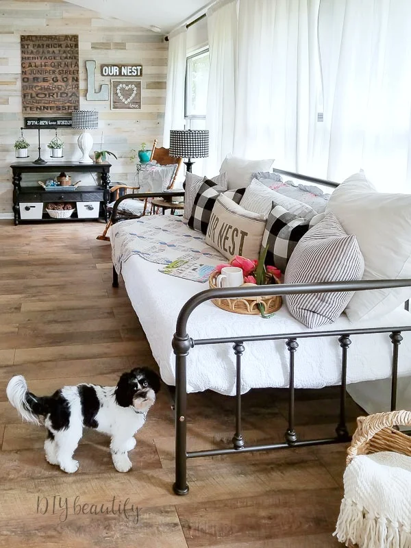 iron daybed, farmhouse floors