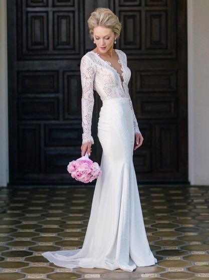 Fashion Trumpet/Mermaid Scoop Neck Lace Chiffon Appliques Lace Sweep Train Long Sleeve Backless Wedding Dresses