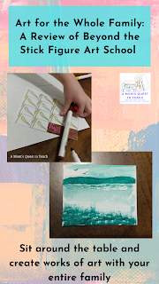 Text: Art for the Whole Family: A Review of Beyond the Stick Figure Art School; Sit around the table and create works of art with your entire family; watercolor picture and drawing with a marker