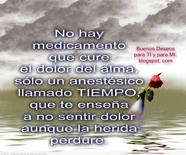  No hay medicamento que cure el dolor del alma, sólo un anestésico llamado TIEMPO, que te enseña a no sentir dolor aunque la herida perdura.