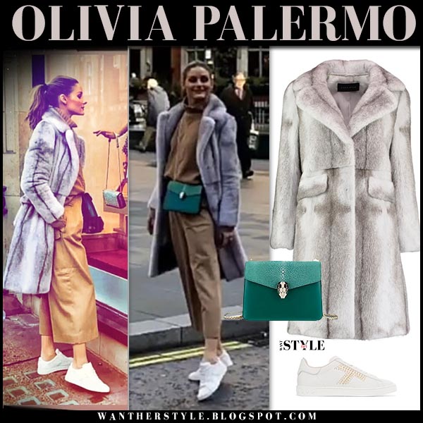 Olivia Palermo in grey fur coat and white sneakers in London ~ I