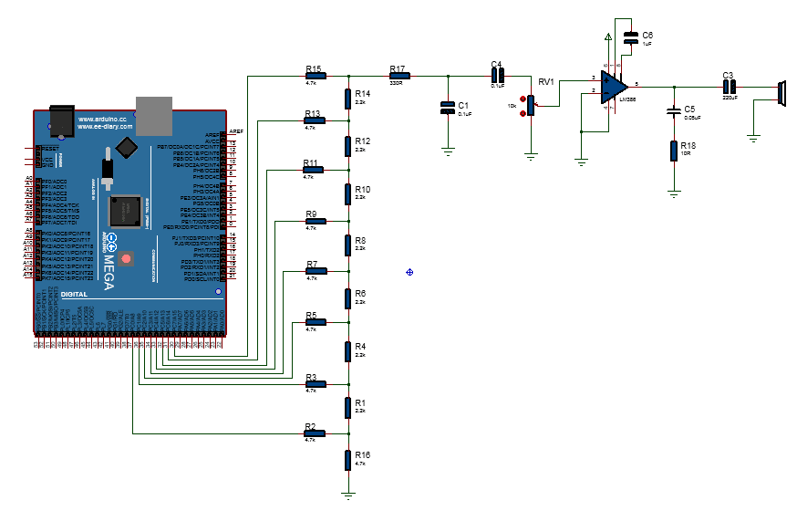 Arduino, R-2R DAC and LM368 circuit diagram