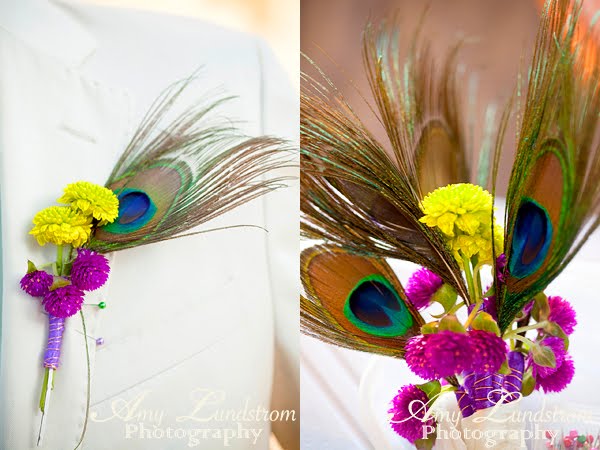 Purple and Green Wedding Theme Peacock Feather Bouquet and Boutiniers 