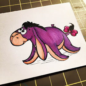 Ink and marker drawing of a cute and happy purple Eeyore for a lunchbox note