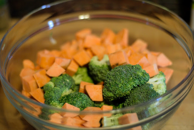 Prepped sweet potatoes and broccoli in a bowl. 