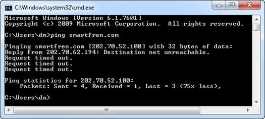 Ping smartfren.com error di Command Prompt