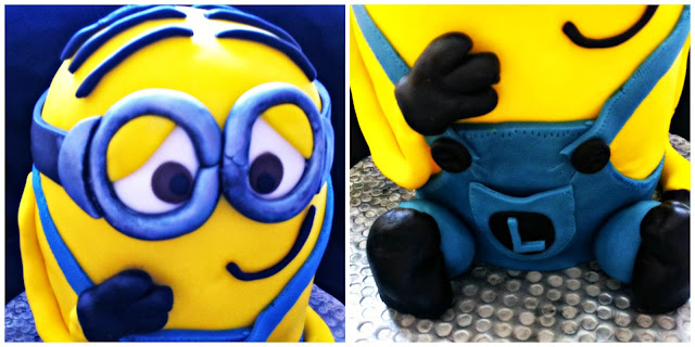 Details of goggles and overalls on a Minion cake