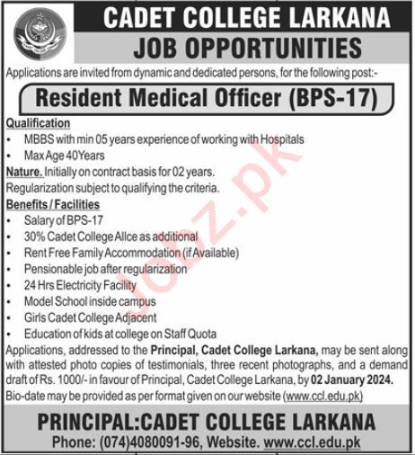 Cadet College Medical Jobs In Larkana 2023