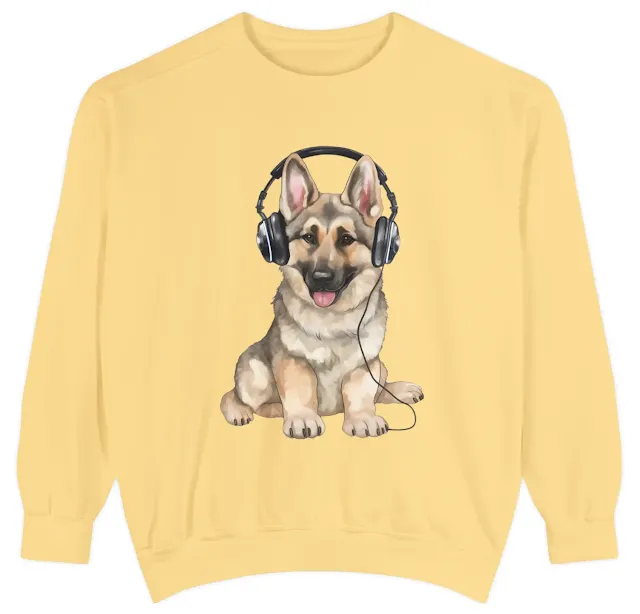 Garment-Dyed Sweatshirt for Men and Women With Black and Cream Young German Shepherd Graphic Wearing Headphones Enjoying Music