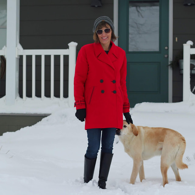 Simplicity 8451 red wool coat with decorative stitches created in the Embroidery Mode with the Pfaff Creative Icon