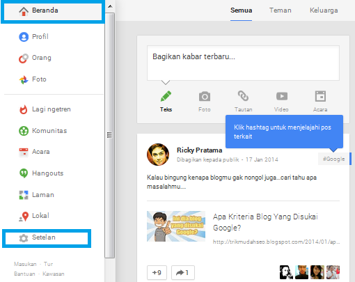 Menu Beranda dan SETELAN dari Google +