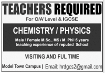 O/A Level Teacher jobs | Physics, Chemistry Teacher Jobs