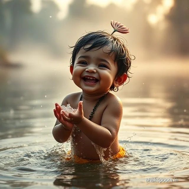 HD AI-generated Baby Krishna Bathing in River – Cute Bal Gopal photo