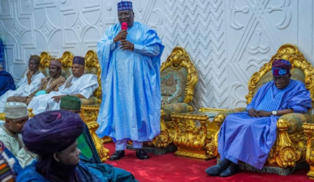 Alt: = "Tinubu sleeping at Gombe Emir's Palace while Senator Ahmed Lawn was standing and speaking"