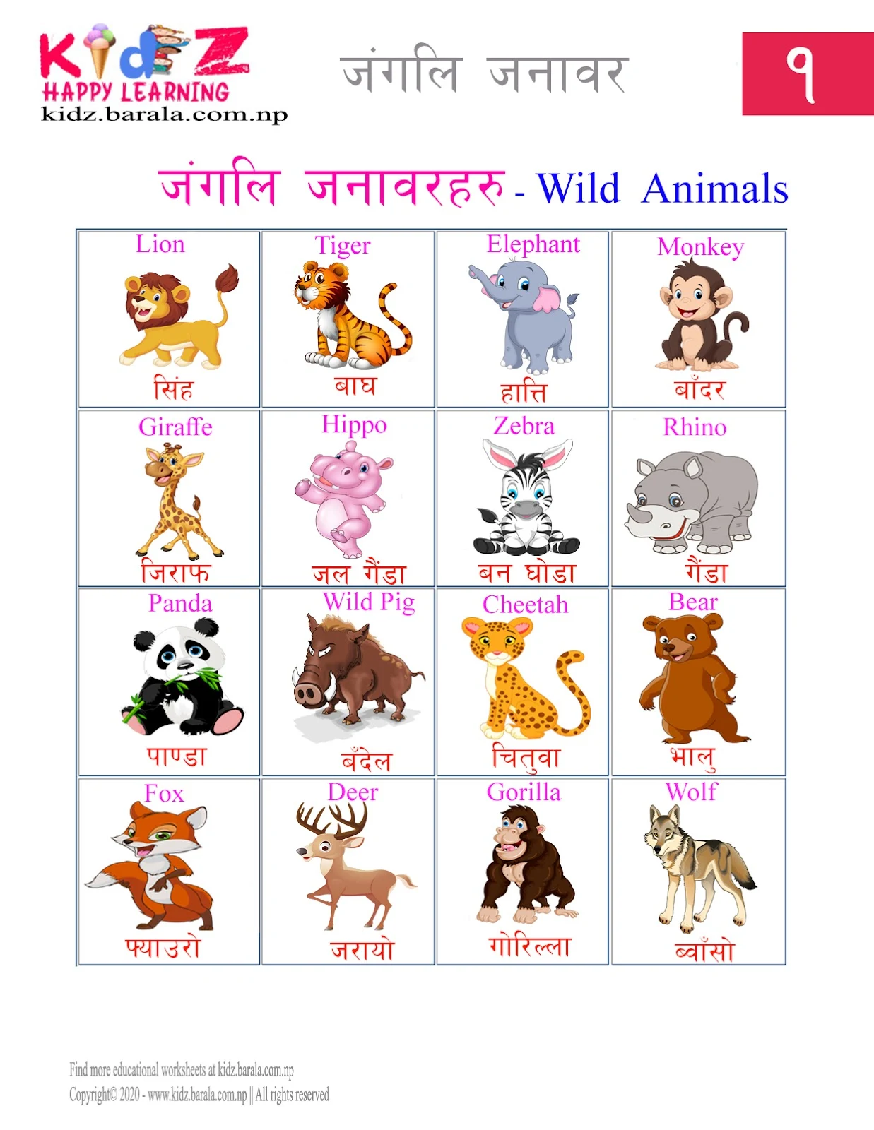 Wild Animals जंगलि जनावरहरू in Nepali and English list free download