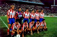 ATLÉTICO DE MADRID - Madrid, España - Temporada 1992-93 - Schuster, Abel, Futre, Orejuela, Donato y Ferreira; Tomás, Moya, Aguilera, Toni y Luis García - HÉRCULES DE ALICANTE 2 (Luismi y Paco Luna), ATLÉTICO DE MADRID 4 (Luis García 3 y Sabas) - 12/08/1992 - Partido amistoso de pretemporada - Alicante, estadio José Rico Pérez