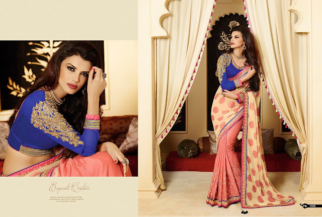  Fuchsia & Blue Georgette Saree With Jacquard Pallu With Embroidered In Blouse Sleeves And Stone & Patch Work