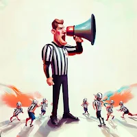 A whimsical image of a referee blowing an enormous whistle, surrounded by football players who appear tiny in comparison. The image is comically exaggerated, showcasing the trend of 500KB images in fantasy football.