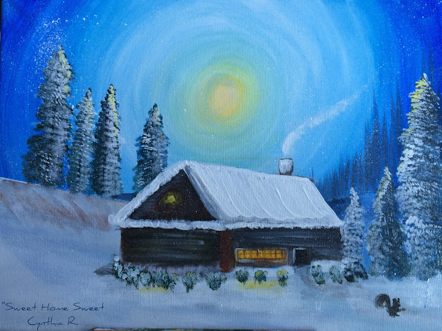 cabaña en la nieve, pintura acrílica, cipreses con cabaña nevada