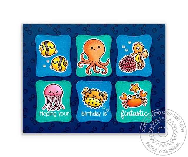 Sunny Studio Ocean Themed Stitched Grid Punny Birthday Card (using Fintastic Friends Stamps & Wonky Windows Dies)