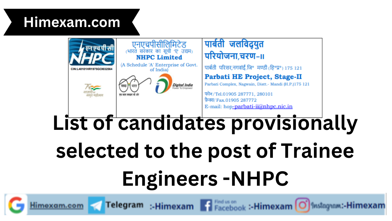 List of candidates provisionally selected to the post of Trainee Engineers through GATE- 2021 score from Reserved Panel w.r.t. Advt No. NH/Rectt/04/2021