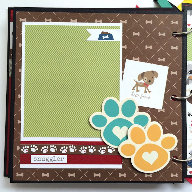 I love My Dog scrapbook album page with paw prints, bones, and a chevron pattern paper