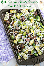 Fresh brussels sprouts & mushrooms are oven roasted until tender & caramelized & then topped with a rich & savory garlic Parmesan sauce in these Garlic Parmesan Roasted Brussels Sprouts & Mushrooms.