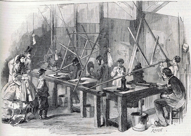 Dwg. 1. A 19th century studio of statues manual copying using a 3D-pantograph (ink, artists E. Morin and E. Rovens, 1864).