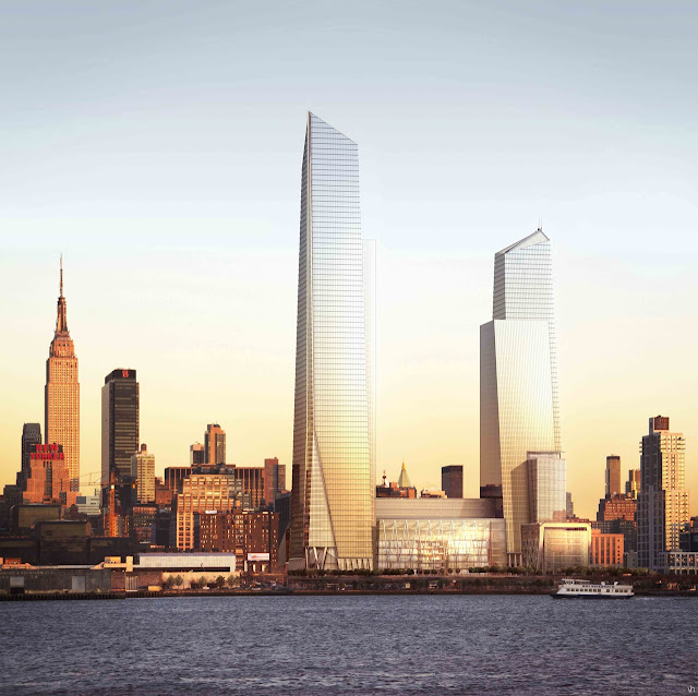 Picture of two tallest office buildings as seen from the Hudson river