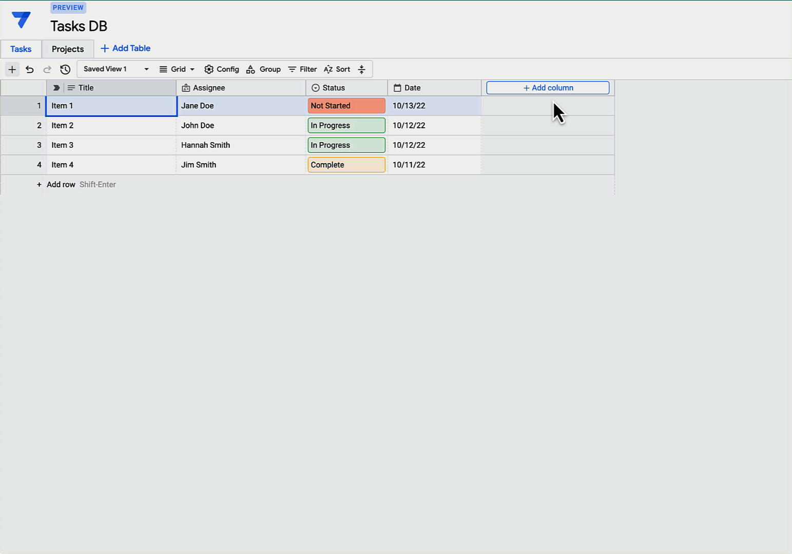 Screen capture of the database editor's toolset for relational data design and management in AppSheet.