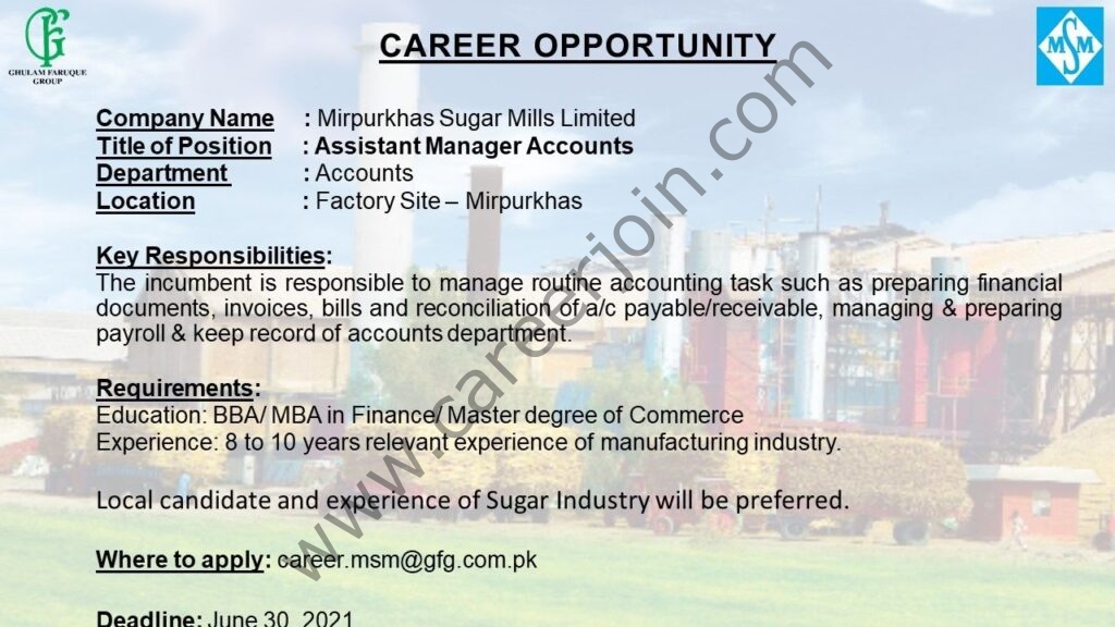 Mirpurkhas Sugar Mills Ltd Jobs Assistant Manager Accounts
