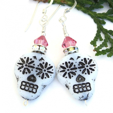 czech glass skull earrings with pink swarovski crystals for Day of the Dead