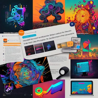 a collage of various colorful and abstract digital artworks. It features vibrant colors with predominant hues of purple, orange, blue, and pink, and includes different abstract forms and shapes, some resembling swirls or waves.