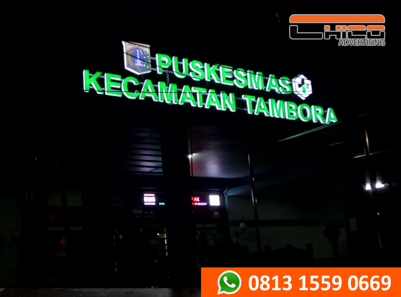 contoh huruf timbul akrilik LED Puskesmas Kecamatan Tambora