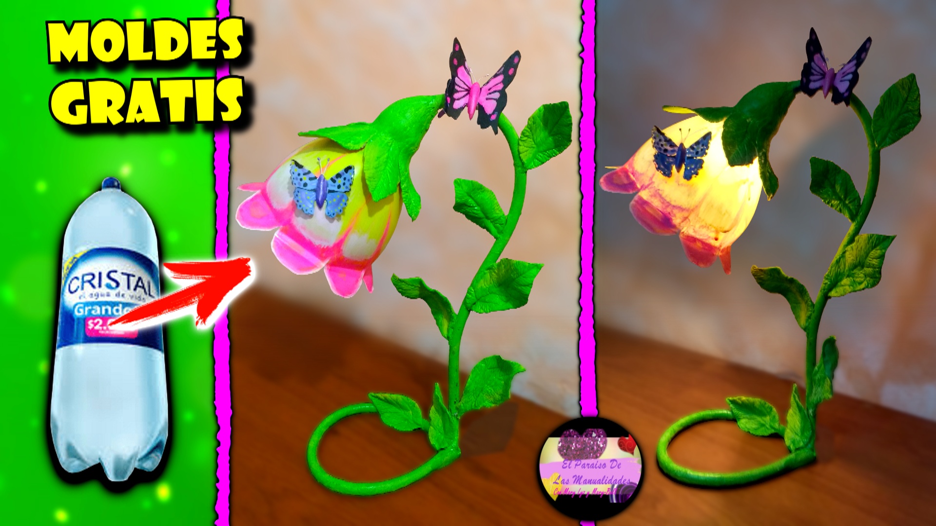 Diy Lampara casera en forma de flor luminosa con botellas de plástico decorada con mariposas