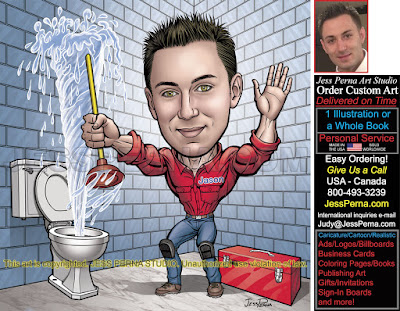 Plumber with Toliet Overflow Cartoon Ad