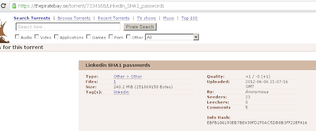 thepiratebay Linkedin SHA1 passwords